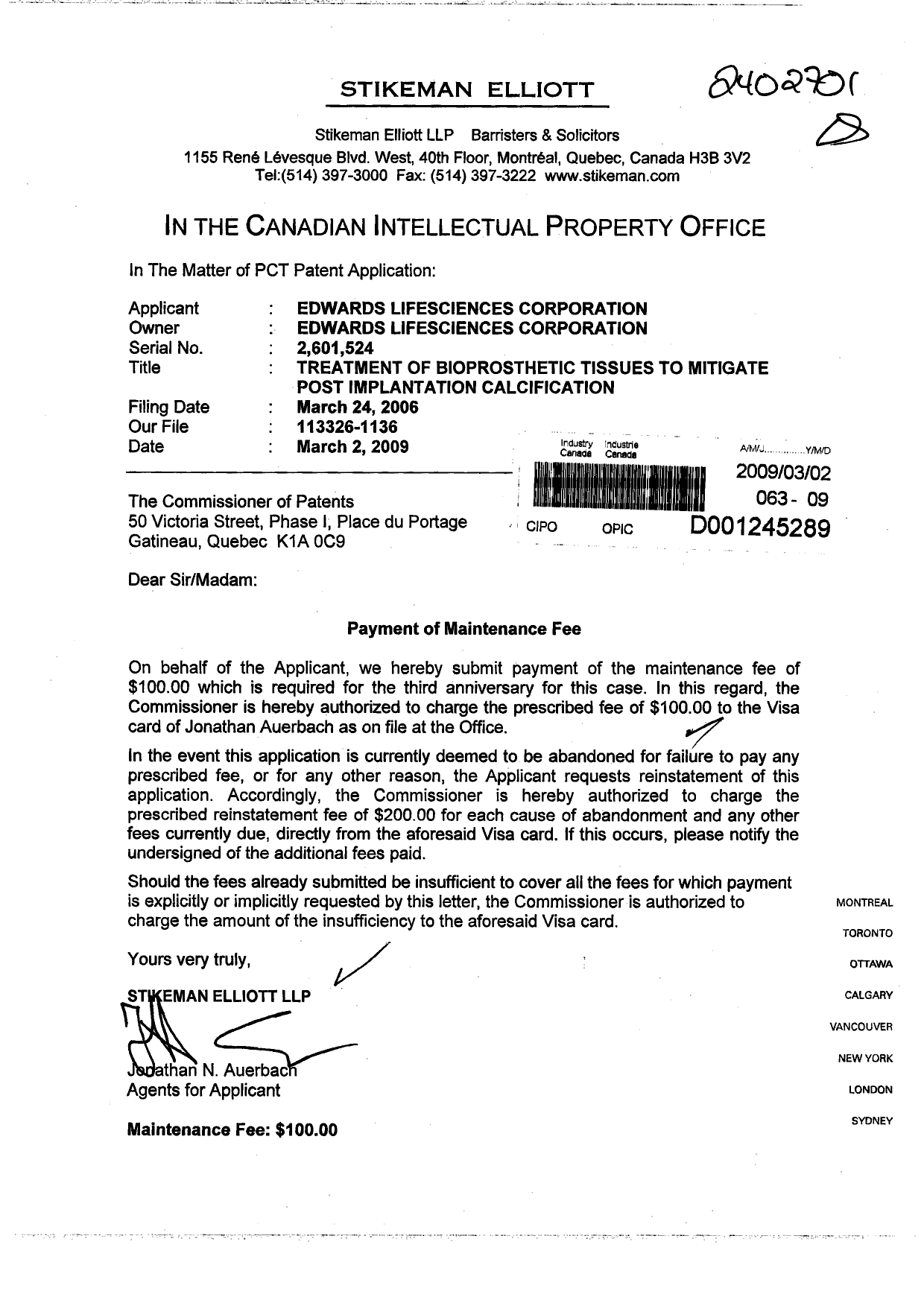 Document de brevet canadien 2601524. Taxes 20081202. Image 1 de 1