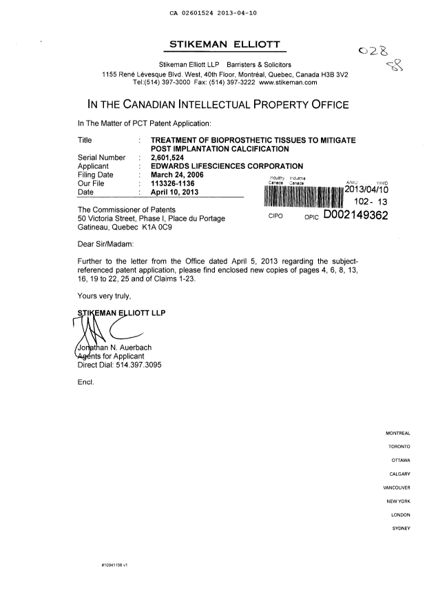 Canadian Patent Document 2601524. Correspondence 20121210. Image 1 of 14