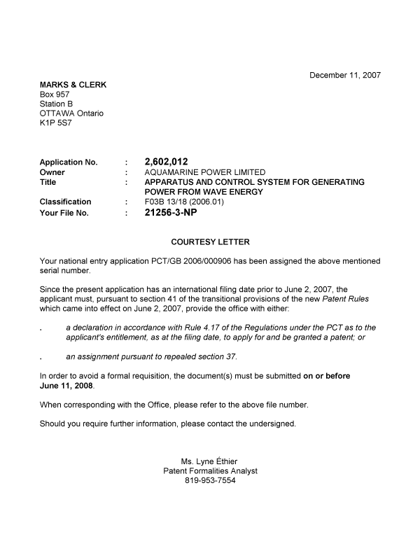 Canadian Patent Document 2602012. Correspondence 20061205. Image 1 of 1