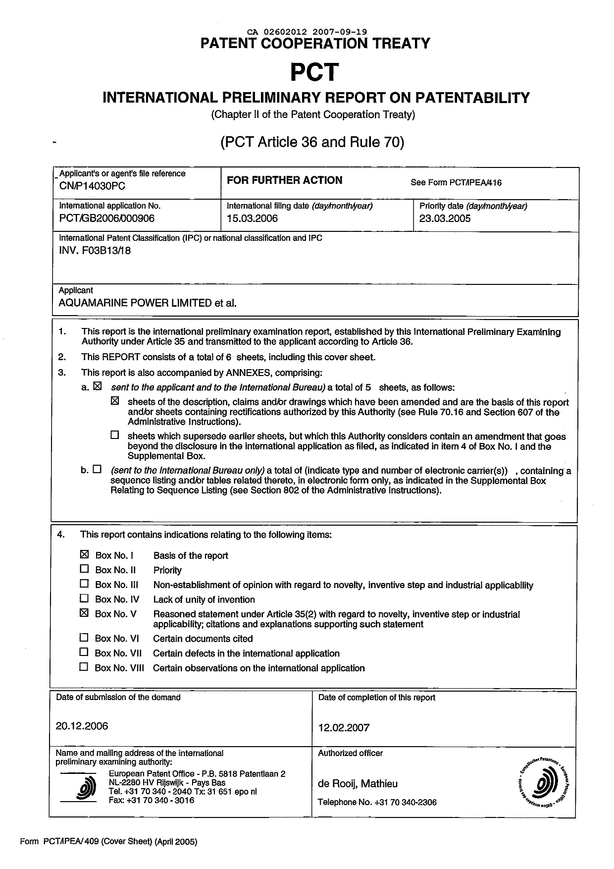 Document de brevet canadien 2602012. PCT 20061219. Image 1 de 11