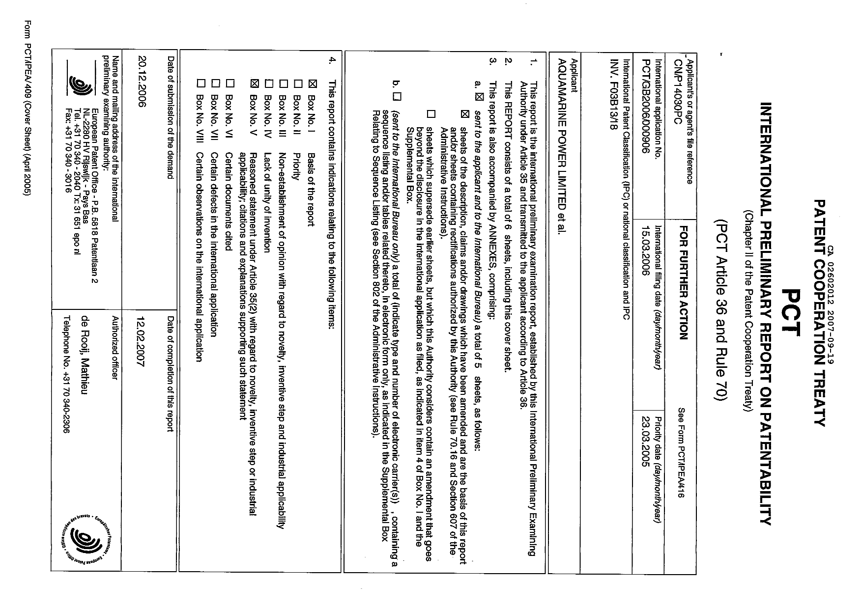 Canadian Patent Document 2602012. PCT 20061219. Image 1 of 11