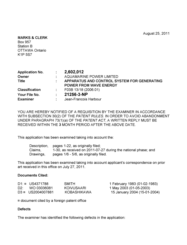 Canadian Patent Document 2602012. Prosecution-Amendment 20101225. Image 1 of 3