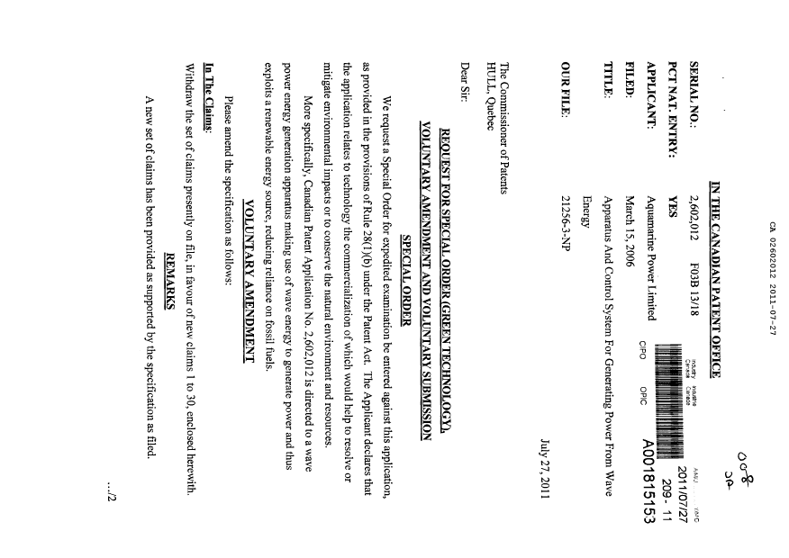 Canadian Patent Document 2602012. Prosecution-Amendment 20101227. Image 1 of 10