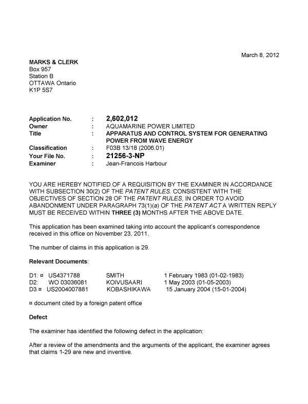 Document de brevet canadien 2602012. Poursuite-Amendment 20111208. Image 1 de 2