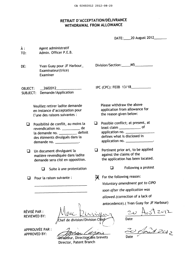 Document de brevet canadien 2602012. Poursuite-Amendment 20111220. Image 1 de 1
