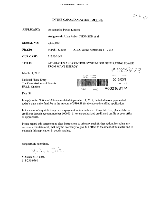 Document de brevet canadien 2602012. Correspondance 20121211. Image 1 de 1