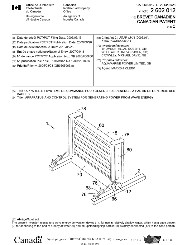 Document de brevet canadien 2602012. Page couverture 20121228. Image 1 de 2