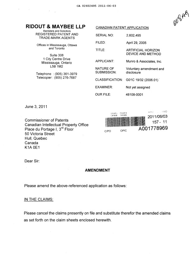 Canadian Patent Document 2602495. Prosecution-Amendment 20110603. Image 1 of 8