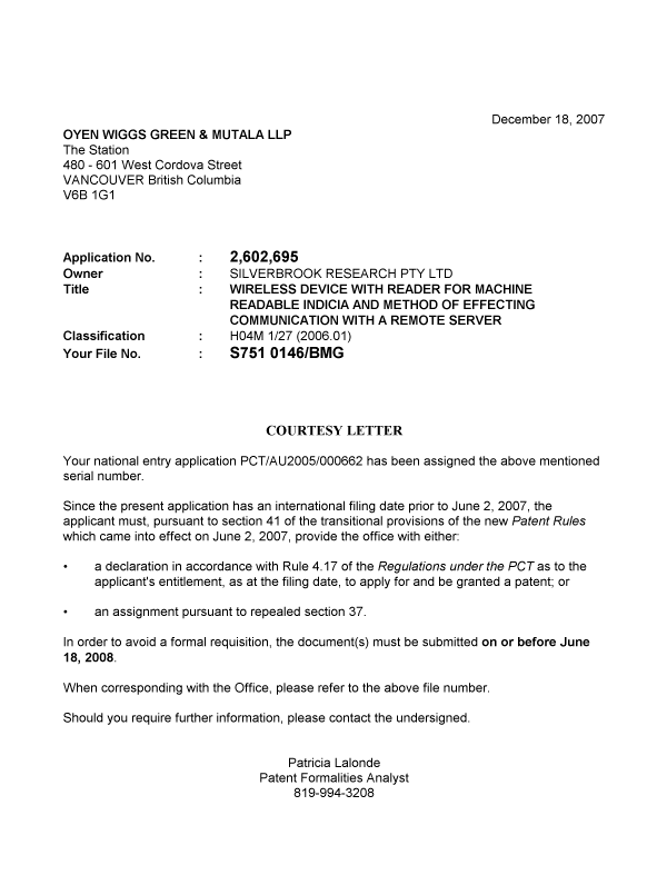 Document de brevet canadien 2602695. Correspondance 20071212. Image 1 de 1