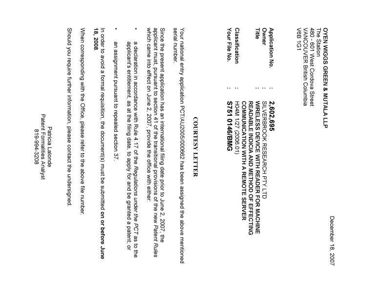 Canadian Patent Document 2602695. Correspondence 20071212. Image 1 of 1