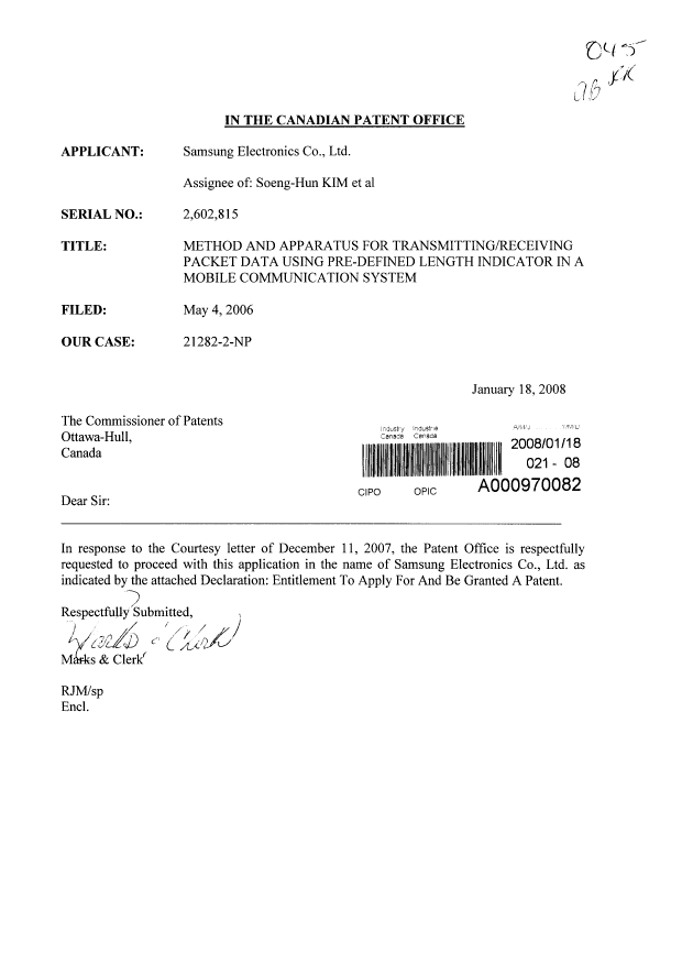 Canadian Patent Document 2602815. Correspondence 20080118. Image 1 of 2