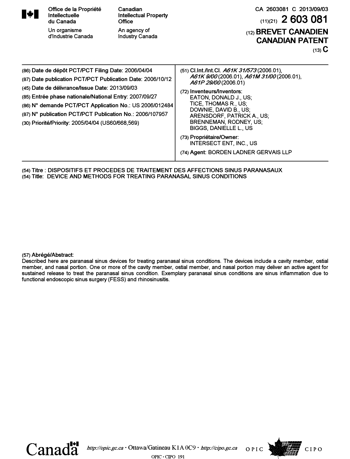 Canadian Patent Document 2603081. Cover Page 20130807. Image 1 of 1
