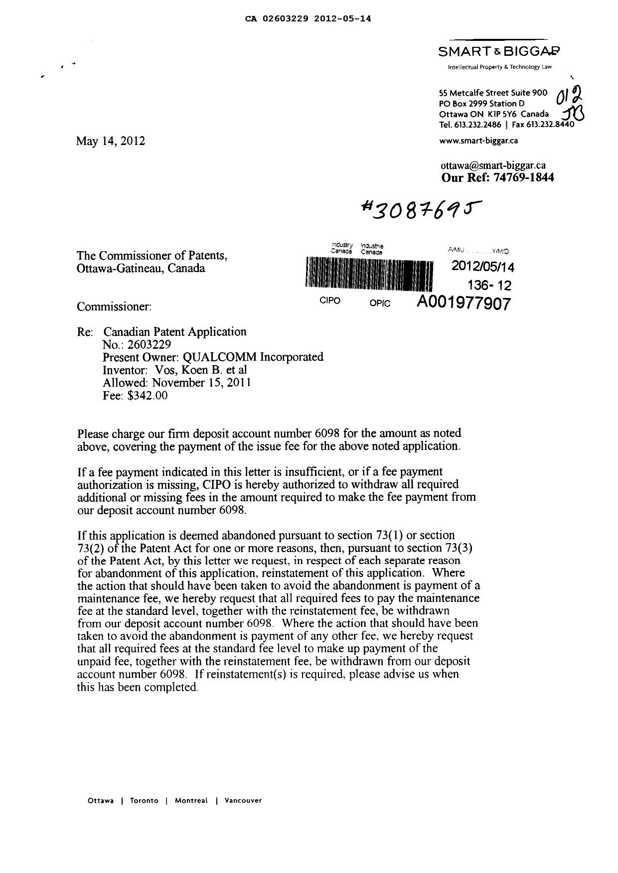 Document de brevet canadien 2603229. Correspondance 20120514. Image 1 de 2
