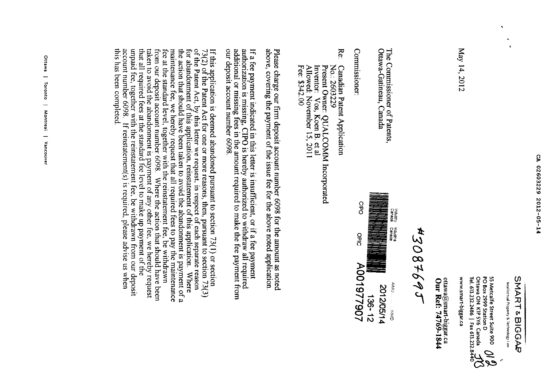 Canadian Patent Document 2603229. Correspondence 20120514. Image 1 of 2