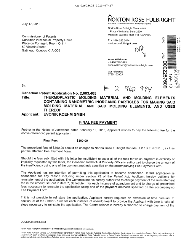 Canadian Patent Document 2603405. Correspondence 20121217. Image 1 of 2