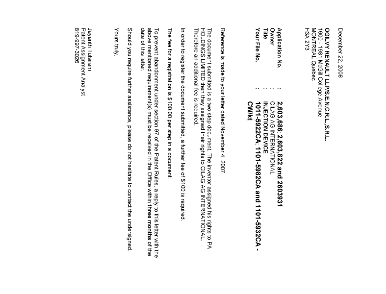 Document de brevet canadien 2603686. Correspondance 20071222. Image 1 de 1