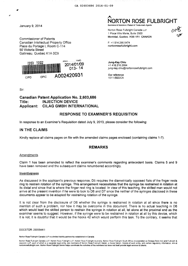 Canadian Patent Document 2603686. Prosecution-Amendment 20131209. Image 1 of 4