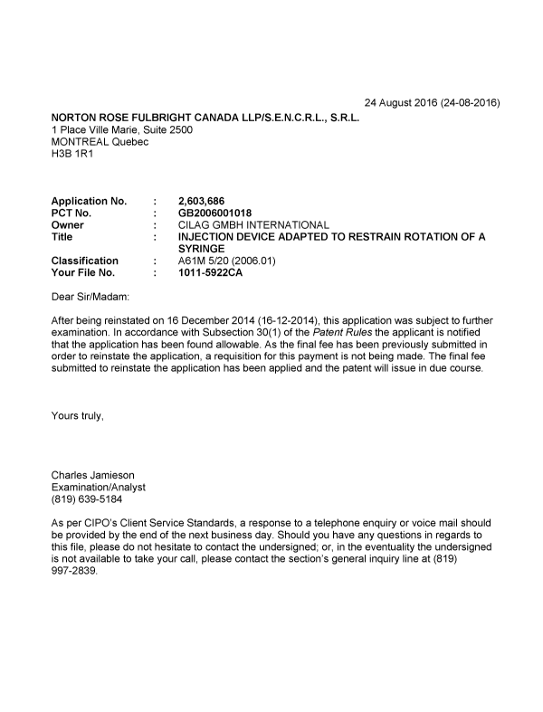 Canadian Patent Document 2603686. Correspondence 20151224. Image 1 of 1