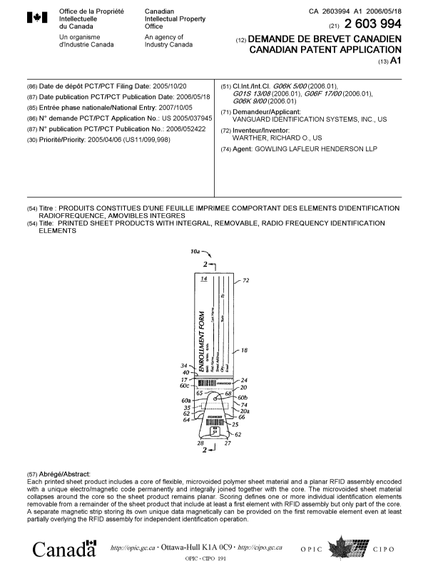 Canadian Patent Document 2603994. Cover Page 20071218. Image 1 of 1