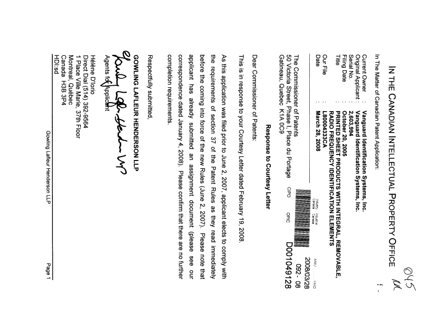 Canadian Patent Document 2603994. Correspondence 20071228. Image 1 of 1
