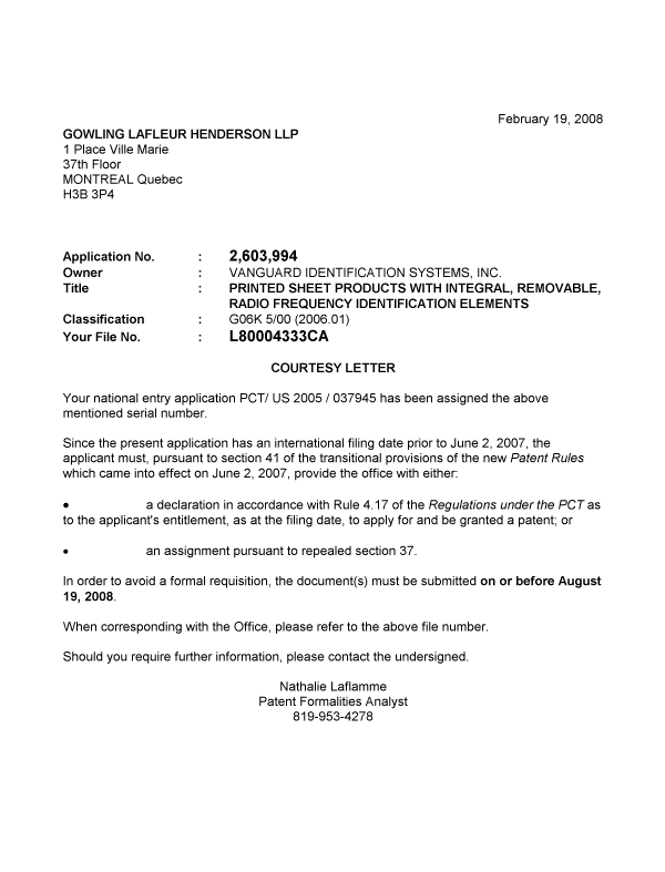 Document de brevet canadien 2603994. Correspondance 20080215. Image 1 de 1
