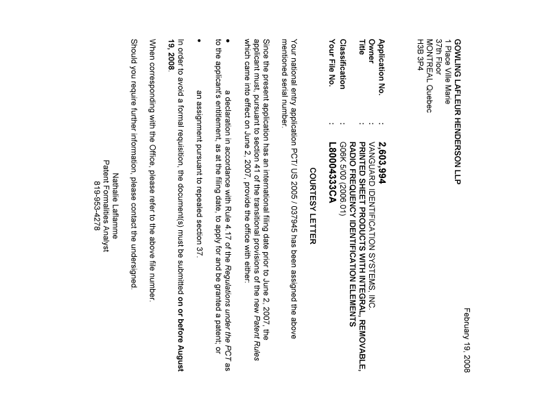 Canadian Patent Document 2603994. Correspondence 20080215. Image 1 of 1