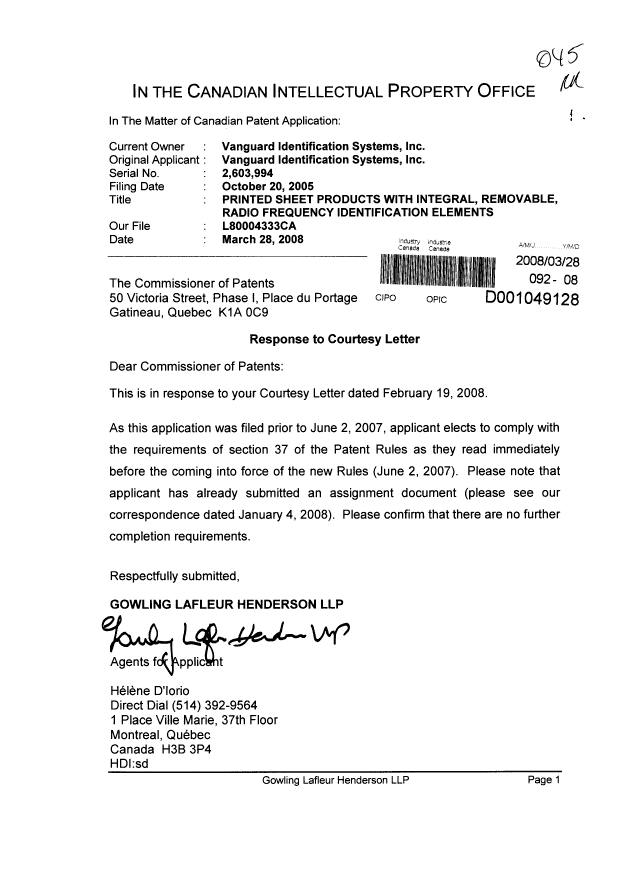 Document de brevet canadien 2603994. Correspondance 20080328. Image 1 de 1