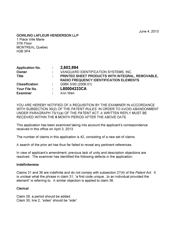 Document de brevet canadien 2603994. Poursuite-Amendment 20121204. Image 1 de 2