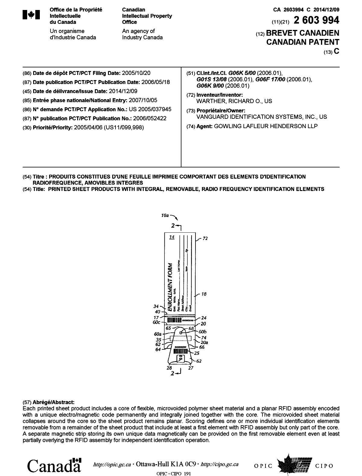 Canadian Patent Document 2603994. Cover Page 20131213. Image 1 of 1