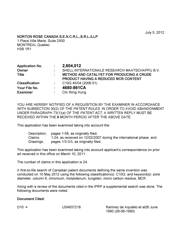 Canadian Patent Document 2604012. Prosecution-Amendment 20120705. Image 1 of 3