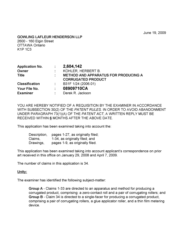 Canadian Patent Document 2604142. Prosecution-Amendment 20090619. Image 1 of 3
