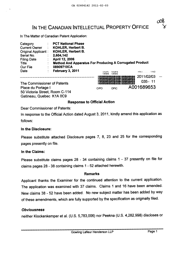 Document de brevet canadien 2604142. Poursuite-Amendment 20110203. Image 1 de 20