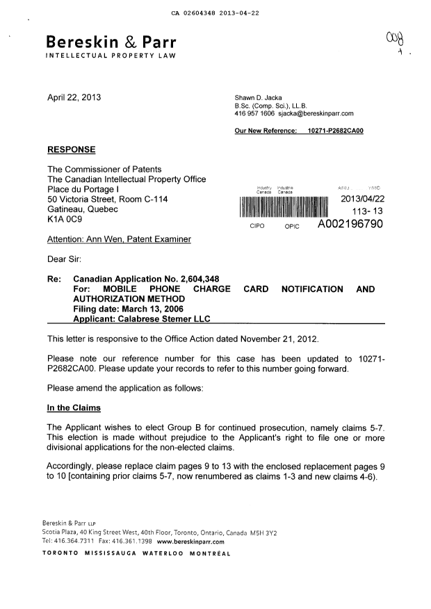 Canadian Patent Document 2604348. Prosecution-Amendment 20121222. Image 1 of 4