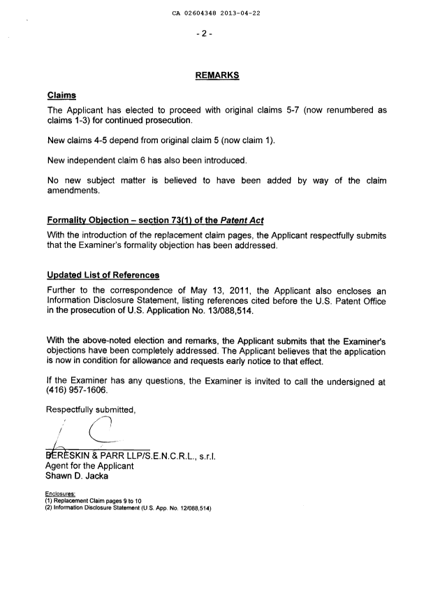 Document de brevet canadien 2604348. Poursuite-Amendment 20121222. Image 2 de 4