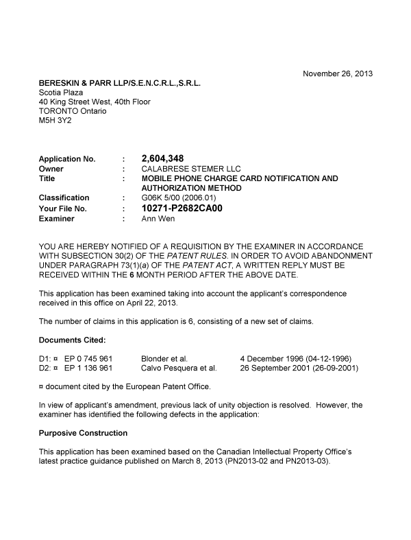 Canadian Patent Document 2604348. Prosecution-Amendment 20121226. Image 1 of 3