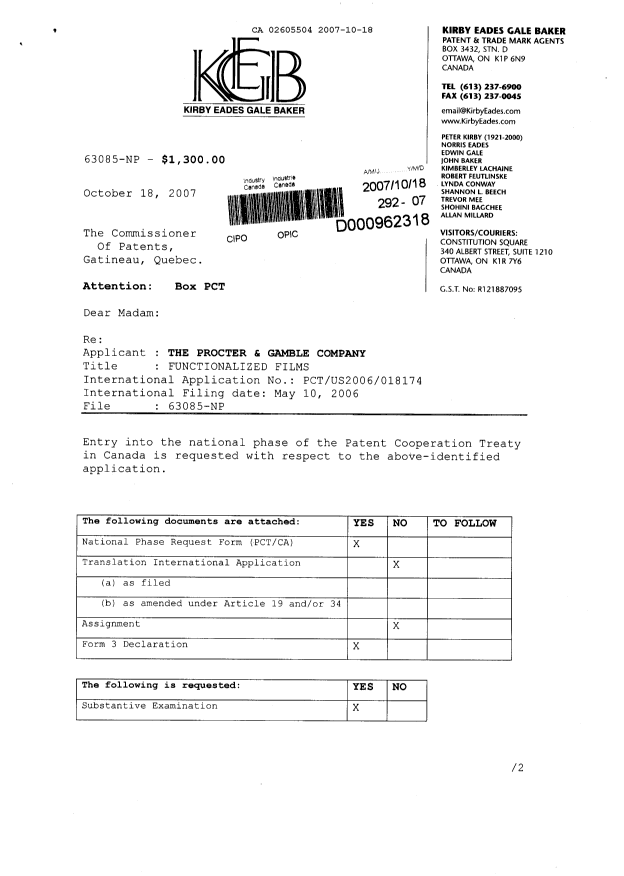 Document de brevet canadien 2605504. Cession 20071018. Image 1 de 8