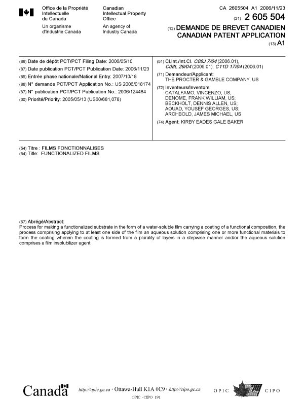Document de brevet canadien 2605504. Page couverture 20080116. Image 1 de 1