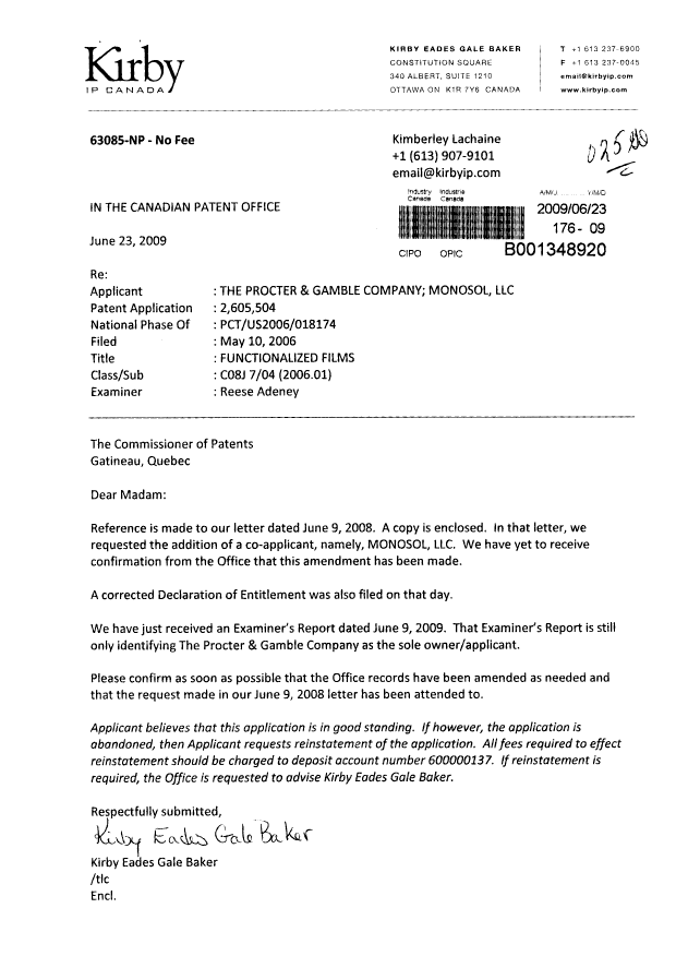 Document de brevet canadien 2605504. Cession 20090623. Image 1 de 4