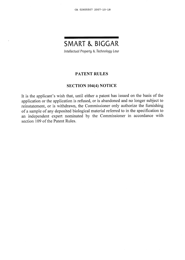 Canadian Patent Document 2605507. Prosecution-Amendment 20071018. Image 1 of 1