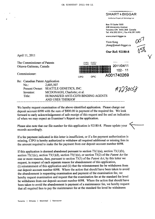 Canadian Patent Document 2605507. Correspondence 20101211. Image 1 of 2