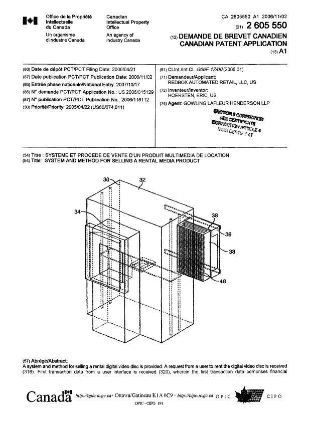 Document de brevet canadien 2605550. Page couverture 20120510. Image 1 de 2