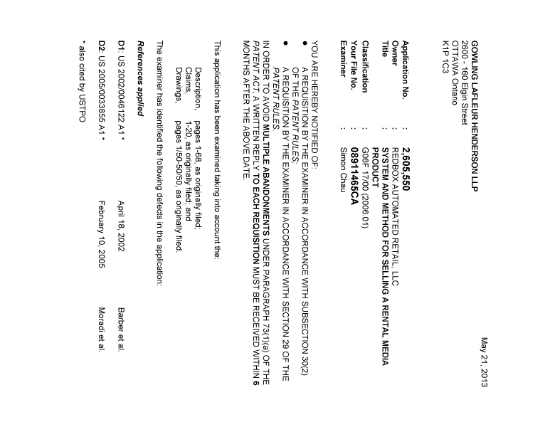 Canadian Patent Document 2605550. Prosecution-Amendment 20121221. Image 1 of 4