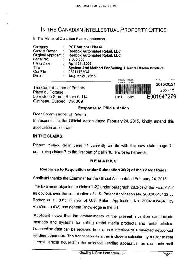 Canadian Patent Document 2605550. Prosecution-Amendment 20141221. Image 1 of 5