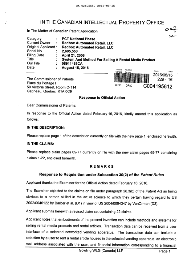 Canadian Patent Document 2605550. Prosecution-Amendment 20151215. Image 1 of 13