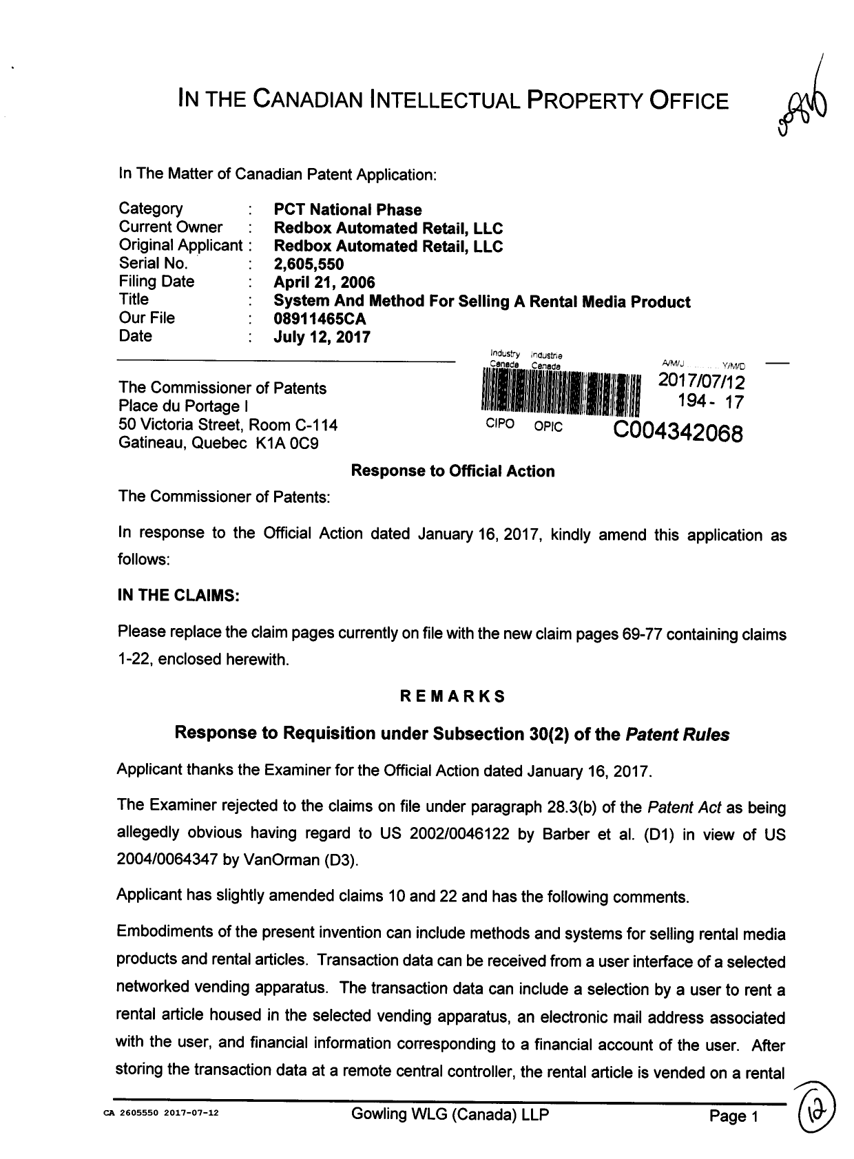 Canadian Patent Document 2605550. Amendment 20170712. Image 1 of 12