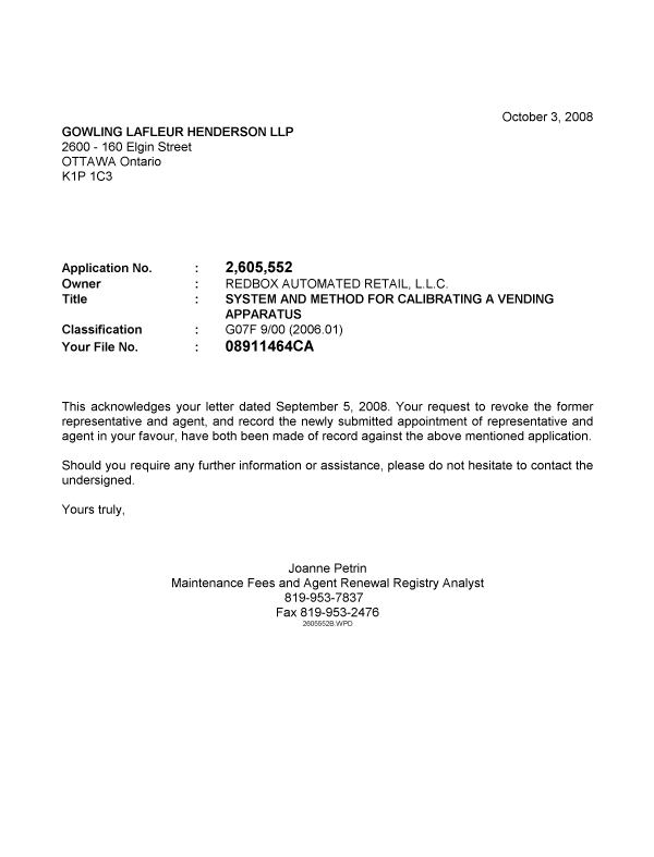 Document de brevet canadien 2605552. Correspondance 20081003. Image 1 de 1