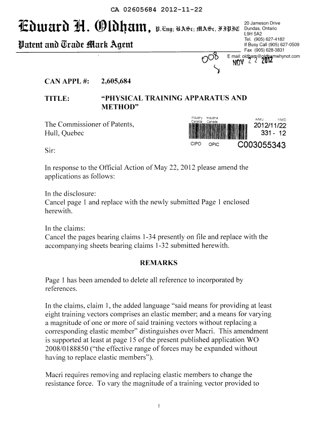 Canadian Patent Document 2605684. Prosecution-Amendment 20121122. Image 1 of 9