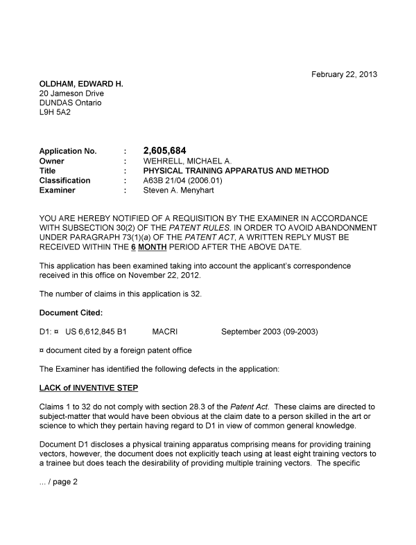 Canadian Patent Document 2605684. Prosecution-Amendment 20130222. Image 1 of 2