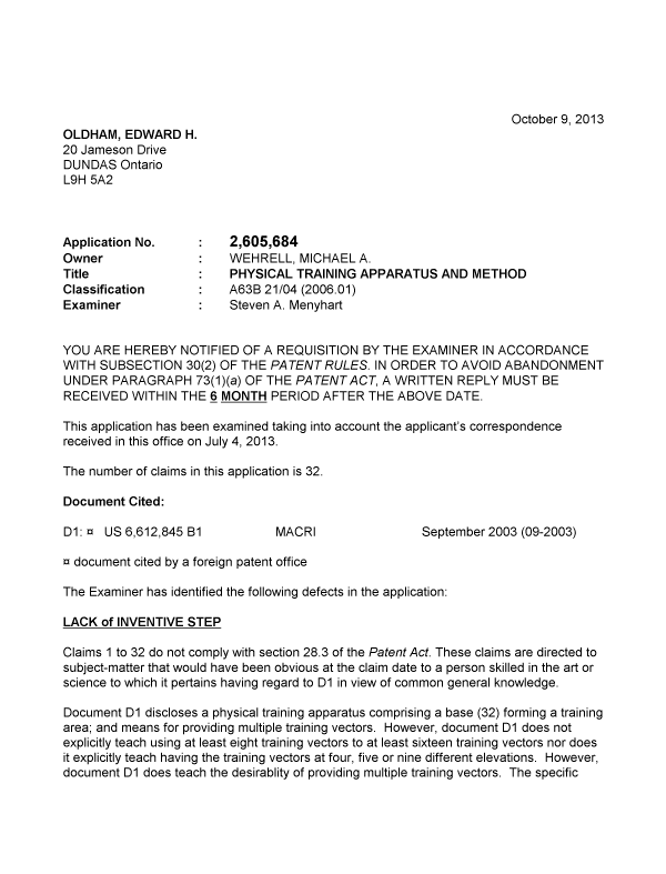 Document de brevet canadien 2605684. Poursuite-Amendment 20131009. Image 1 de 3
