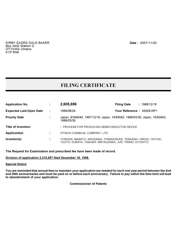 Document de brevet canadien 2605696. Correspondance 20071116. Image 1 de 1